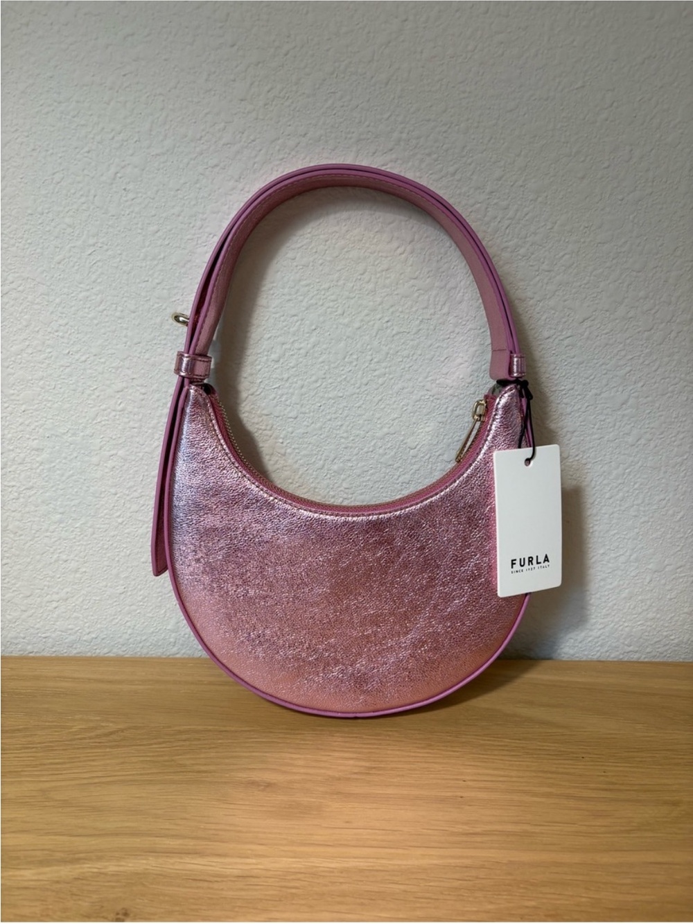 Furla Delizia Mini Crescent Shoulder Bag Metallic Sakura NWT